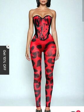 Red and Black Animal Print Corset Jumpsuit